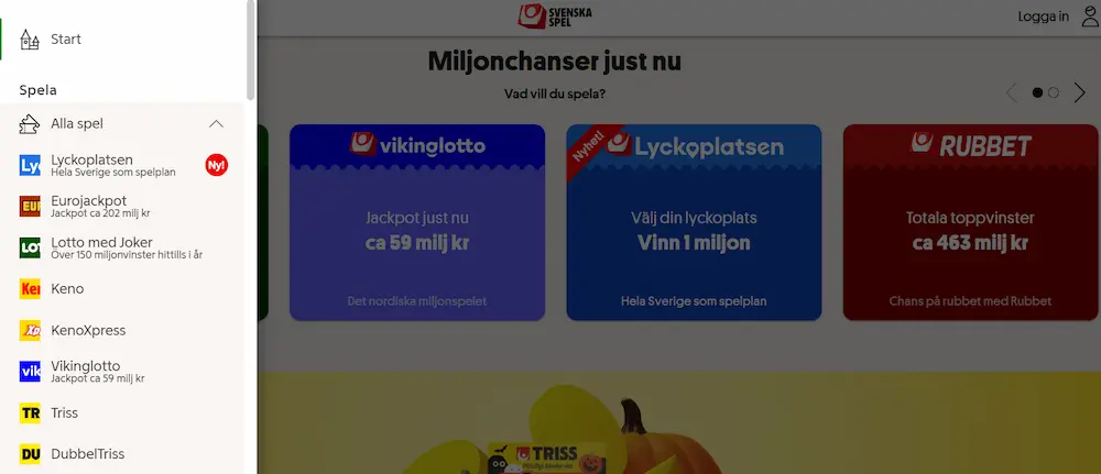 Svenska Spel Turspel meny lotterier