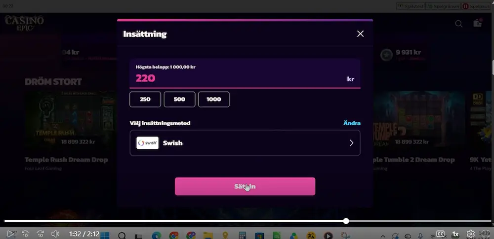 Insättning Swish 220kr Epic Casino