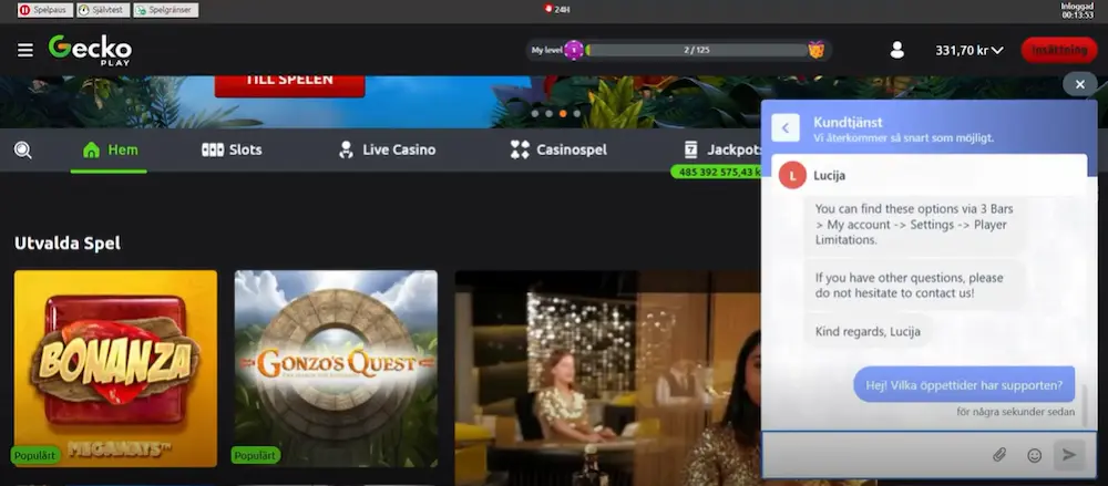 Support live chatt geckoplay test