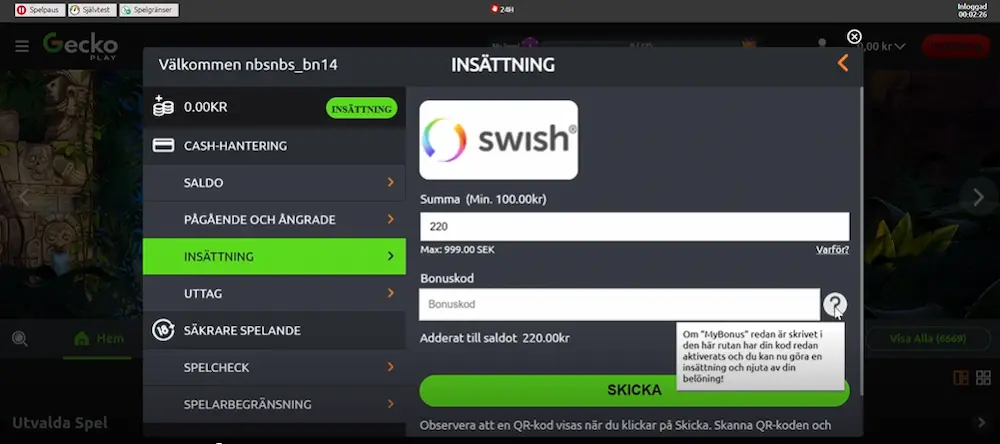 Test insättning Swish Geckoplay