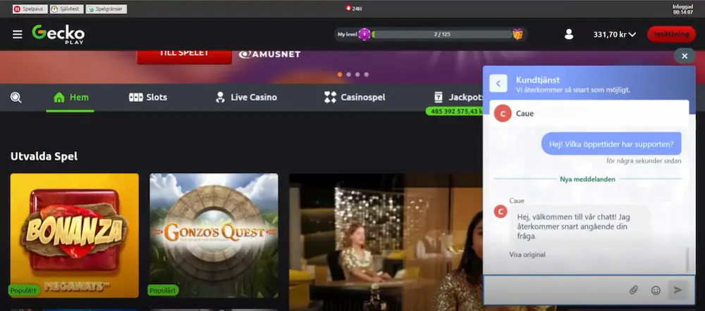 Support live chatt geckoplay test