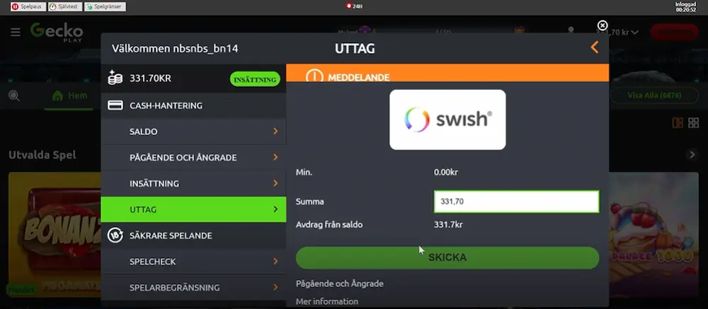 Test uttag Geckoplay Swish