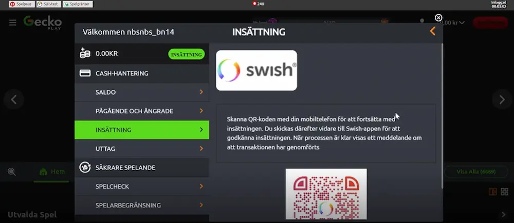 Test insättning Geckoplay Swish QR kod