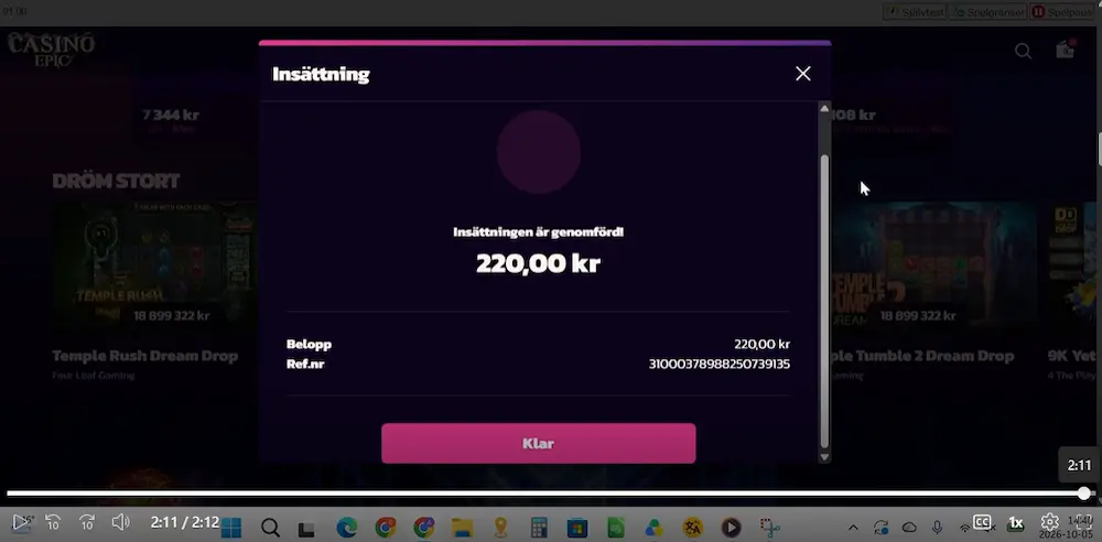 Insattning klar casino epic