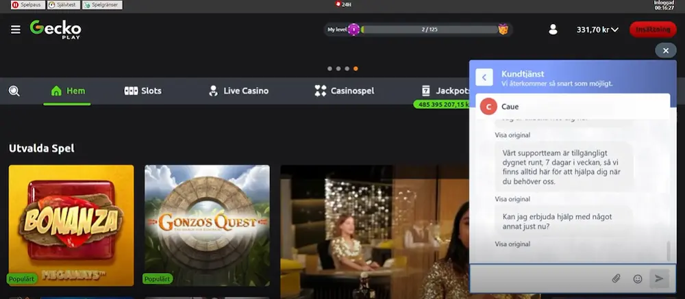 Support test live chat geckoplay