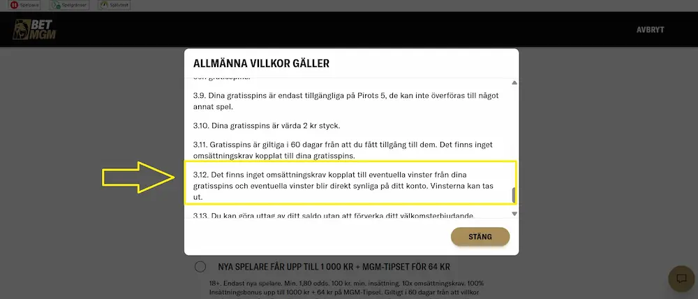 Regler - BetMGM utan omsättningskrav