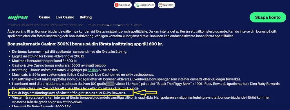 Hajper spins utan omsättningskrav