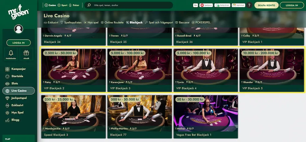 Mr Green blackjack med höga insatser