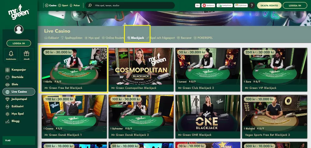 Test Mr Green blackjack filter