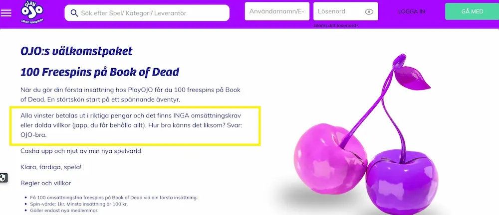 Test PlayOJO spins utan omsättning
