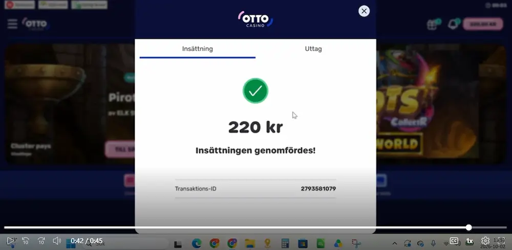 Test Otto casino - betalning bekraftad