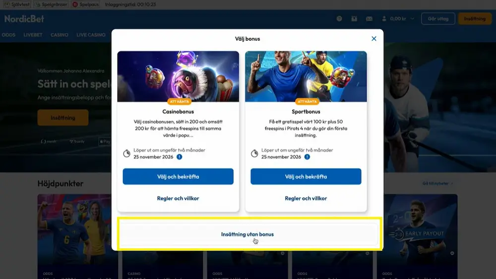 Spela utan bonus alternativ, Nordicbet