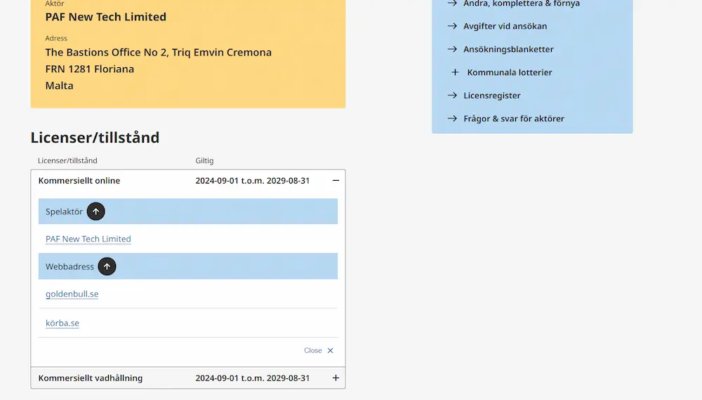 Utdrag licensregistret - Korba Casino