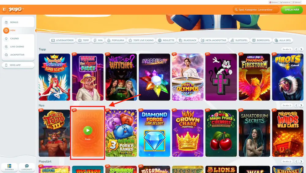 Demospel yoyocasino i utloggat läge