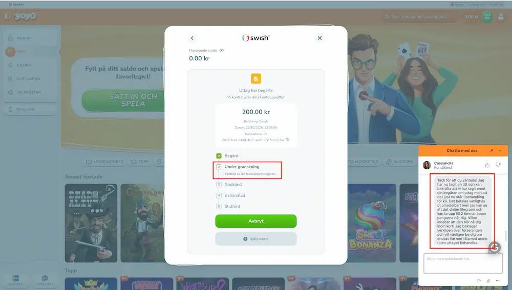 YoYocasino uttag behandlingstid