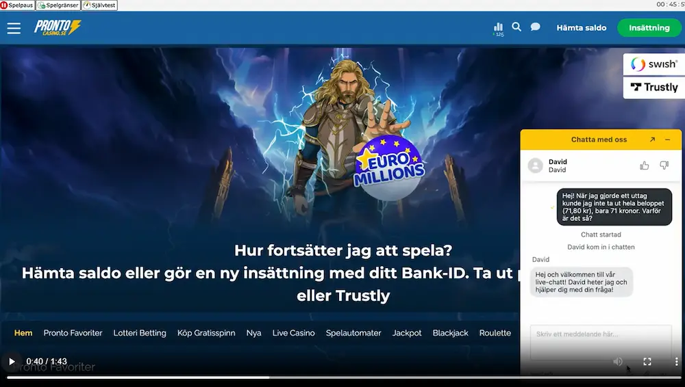 Pronto casino test live chatten
