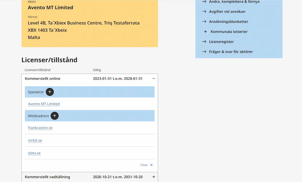 Frank Casino utdrag licensregistret