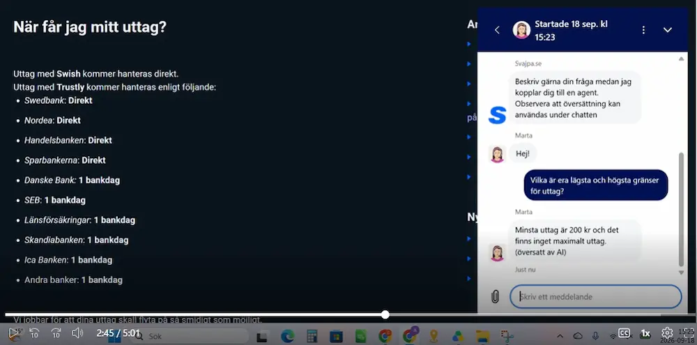 Svajpa test live chatt svar