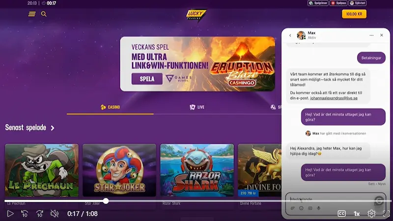Live chatt lucky casino test