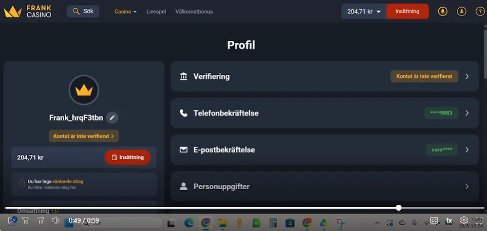 Verifiering före uttag Frank Casino